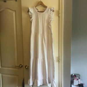 White cotton ruffle midi dress